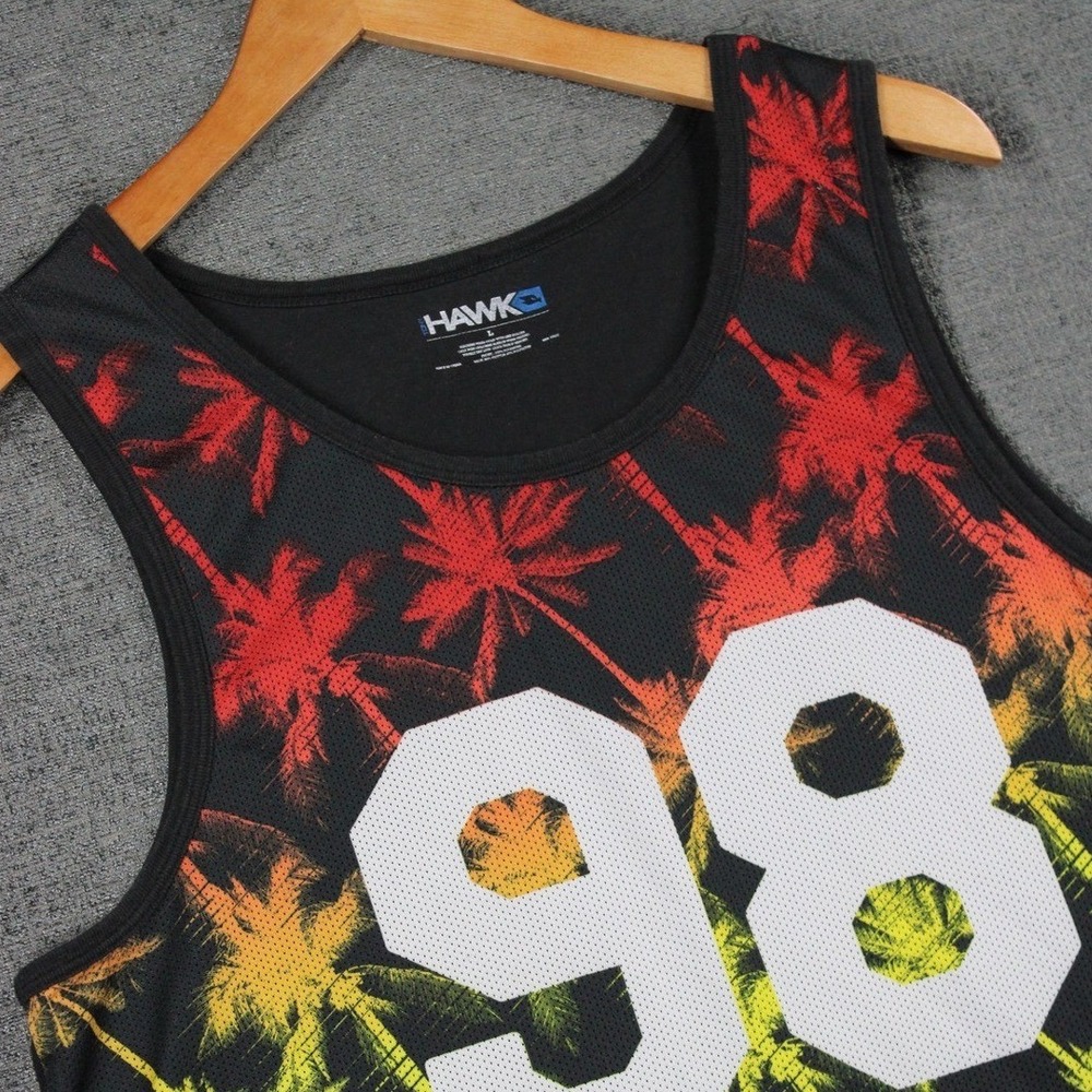 Tony Hawk Mens Mesh Tank Top Black Rasta Palm Tree 98 Graphic Jersey Large